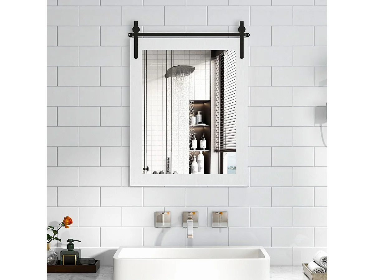 Miroir Mural Rustique avec Cadre en Bois Massif, Miroir avec kit, 76 x 56 cm (Blanc)