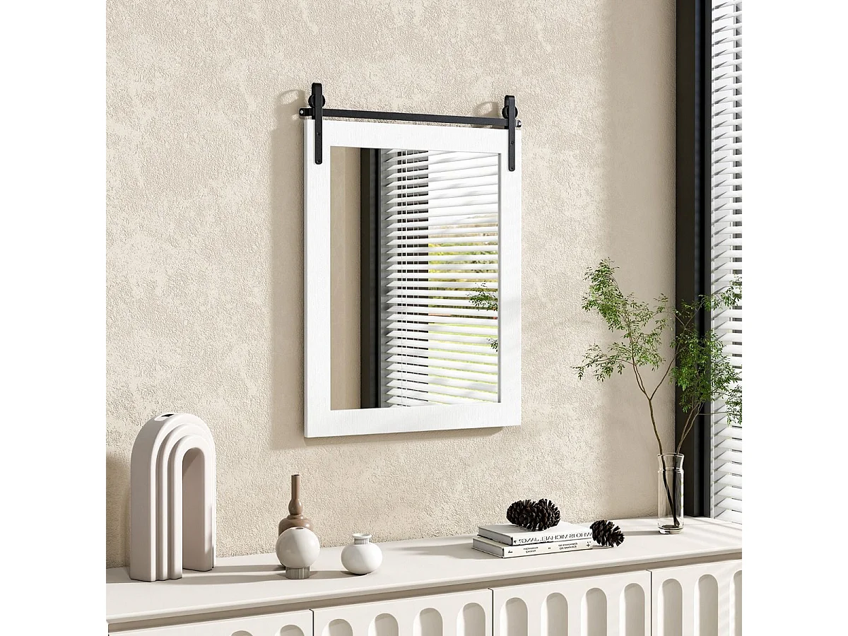 Miroir Mural Rustique avec Cadre en Bois Massif, Miroir avec kit, 76 x 56 cm (Blanc)