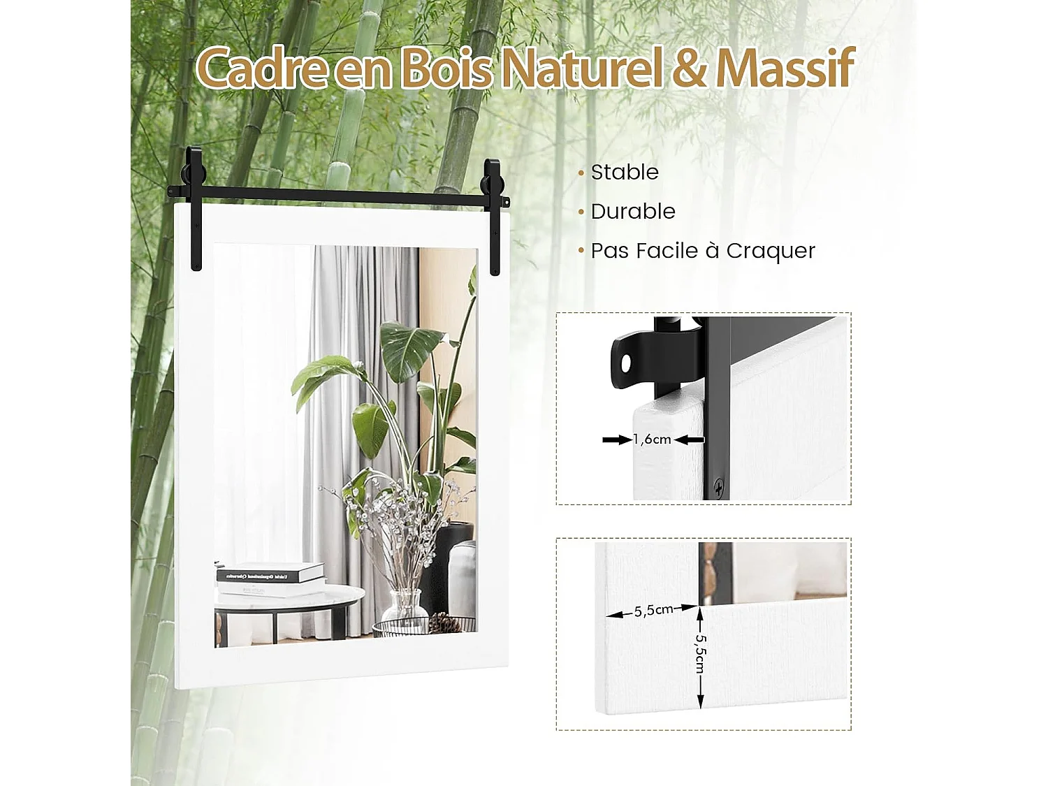 Miroir Mural Rustique avec Cadre en Bois Massif, Miroir avec kit, 76 x 56 cm (Blanc)