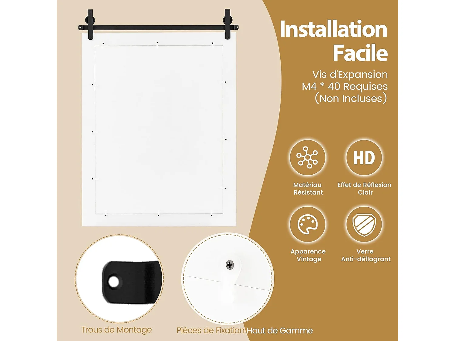 Miroir Mural Rustique avec Cadre en Bois Massif, Miroir avec kit, 76 x 56 cm (Blanc)