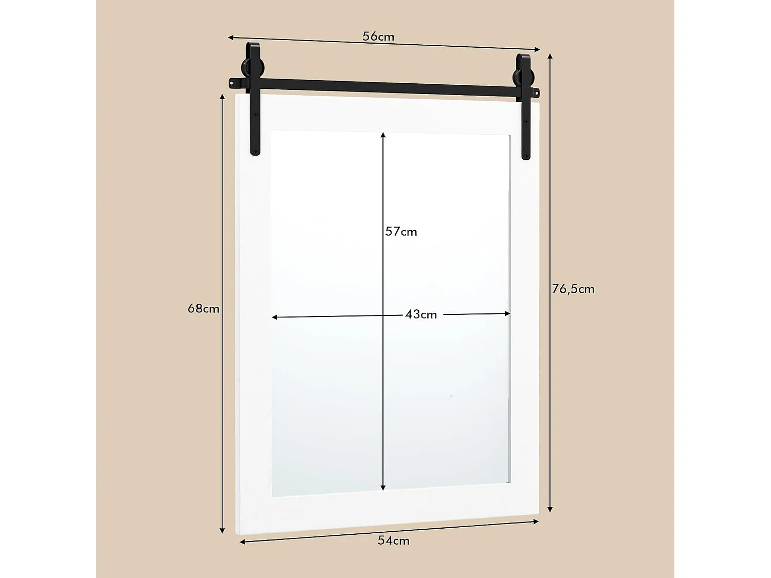 Miroir Mural Rustique avec Cadre en Bois Massif, Miroir avec kit, 76 x 56 cm (Blanc)