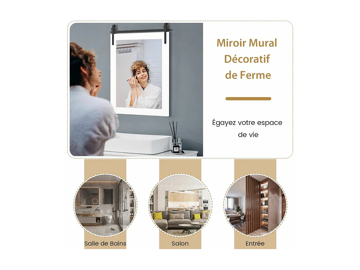Miroir Mural Rustique avec Cadre en Bois Massif, Miroir avec kit, 76 x 56 cm (Blanc)