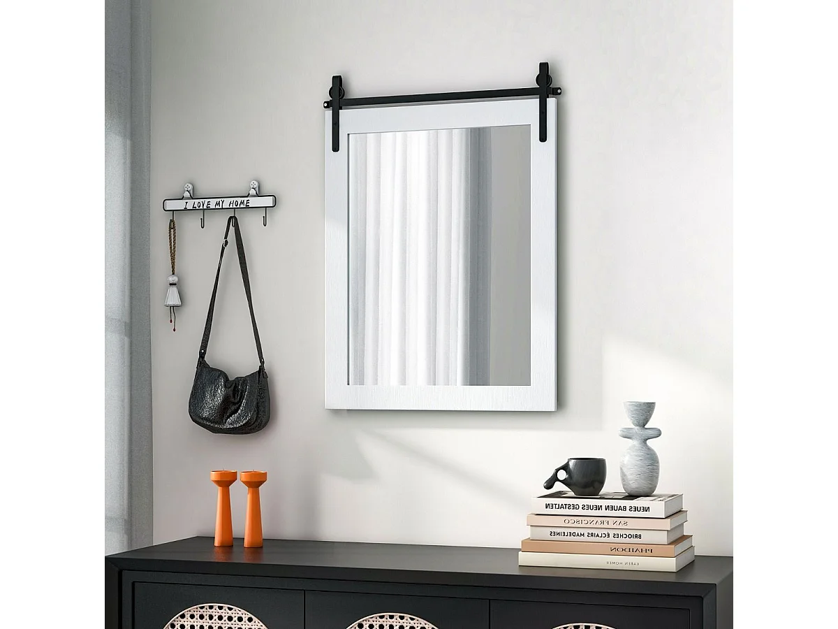 Miroir Mural Rustique avec Cadre en Bois Massif, Miroir avec kit, 76 x 56 cm (Blanc)