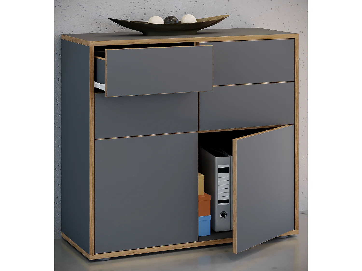 VCM Cômoda em madeira | Prancha lateral com portas giratórias e gavetas | Móveis de escritório | Dimensões aprox. A. 74 x L. 100 x P. 32cm - Salia (antracite)