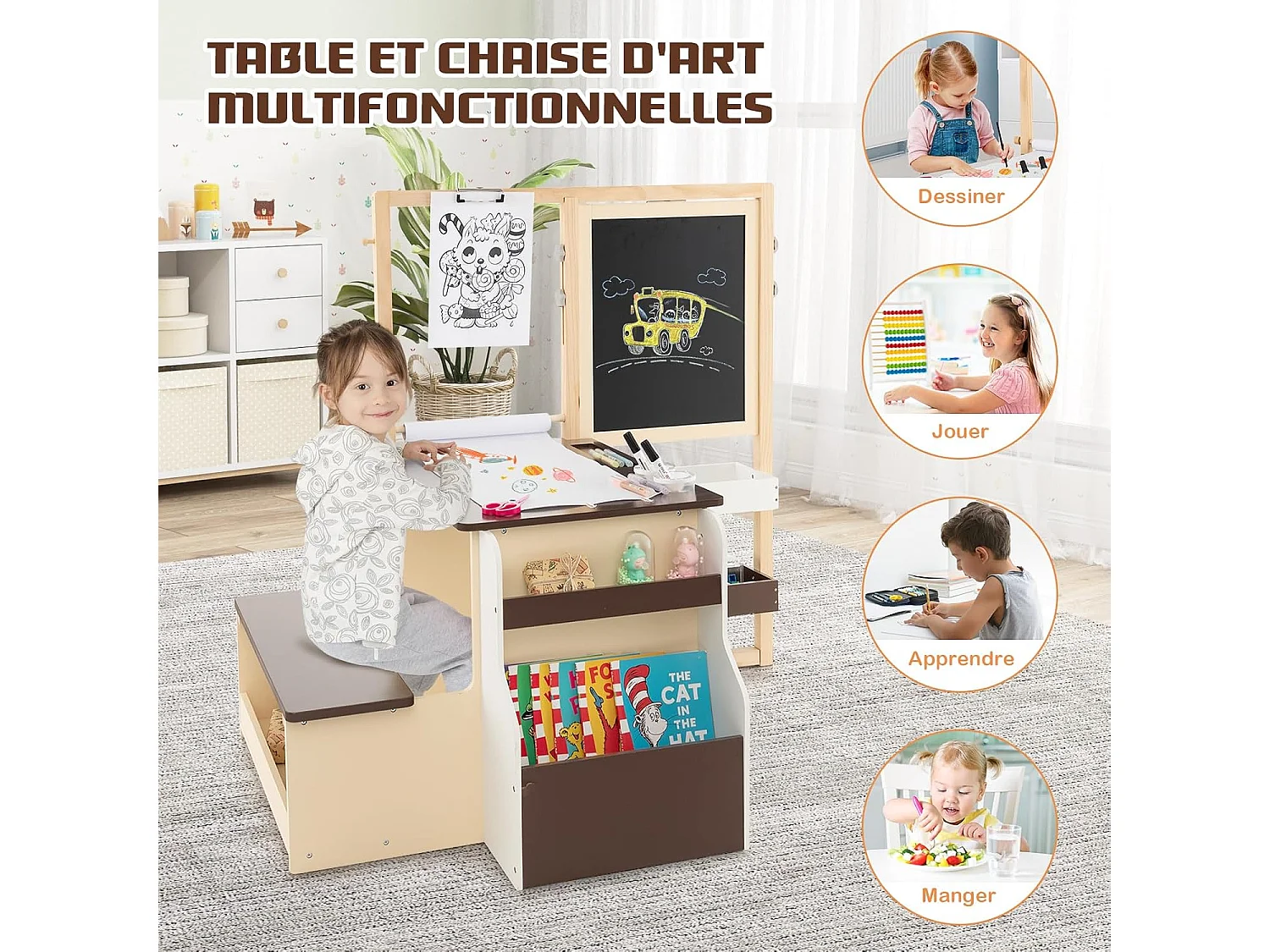2 en 1 Bureau Enfants en Bois avec Banc & Etagères, Tableau Enfant Double Face Réglable avec Rouleau de Papier & 5 Craies, Table à Dessin Enfants de 3 Ans+, Charge 50kg (Café)
