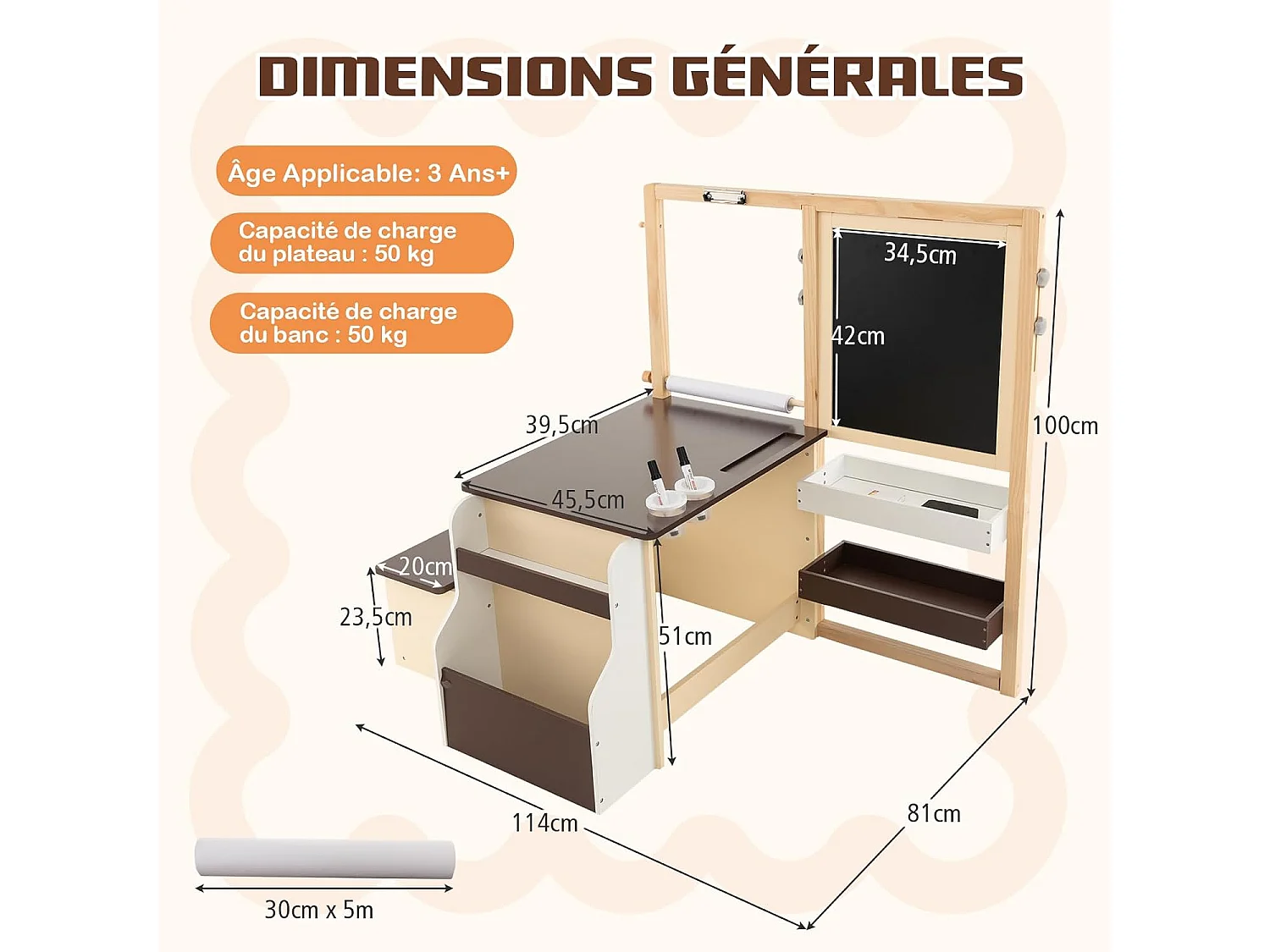 2 en 1 Bureau Enfants en Bois avec Banc & Etagères, Tableau Enfant Double Face Réglable avec Rouleau de Papier & 5 Craies, Table à Dessin Enfants de 3 Ans+, Charge 50kg (Café)
