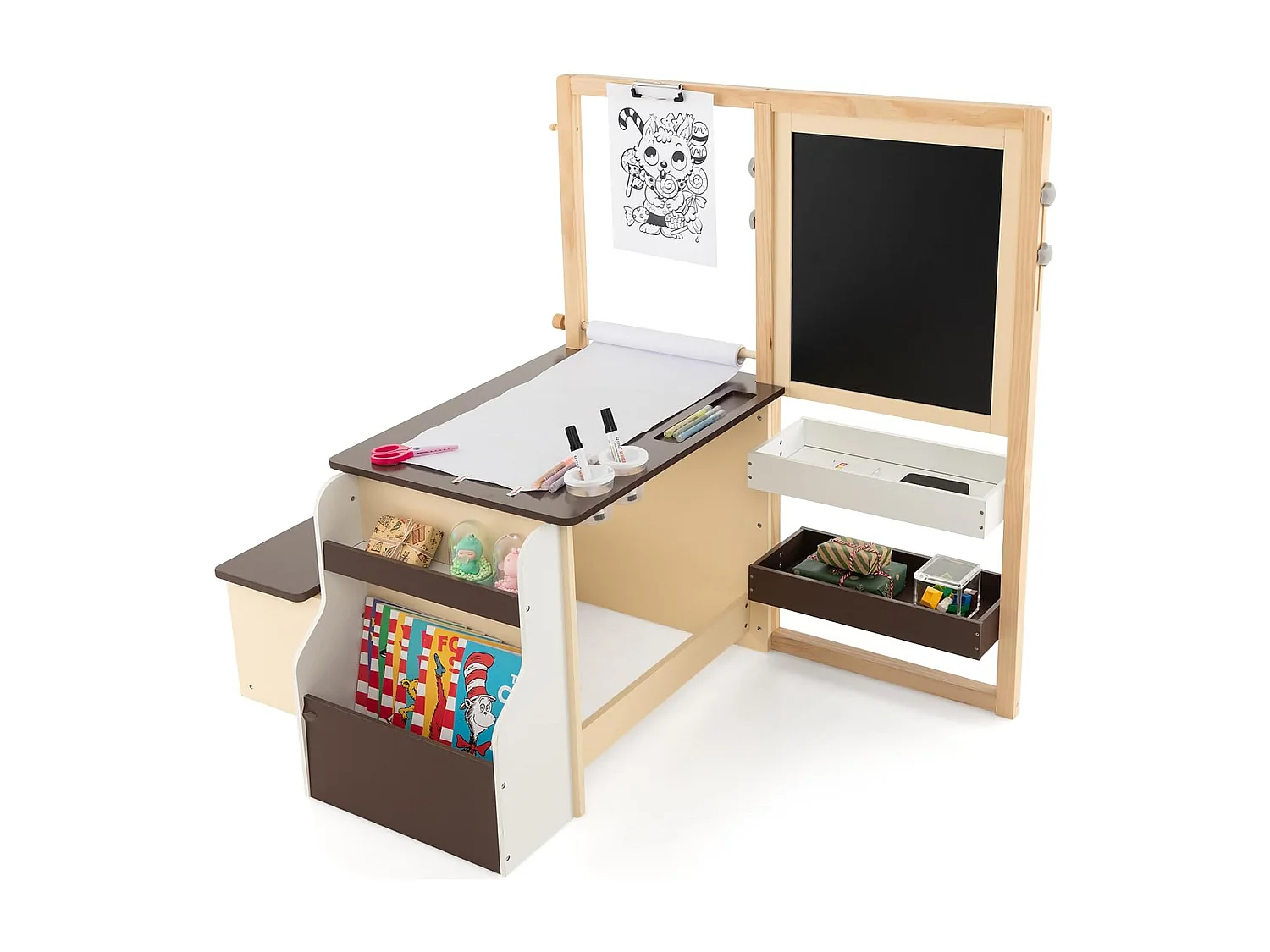 2 en 1 Bureau Enfants en Bois avec Banc & Etagères, Tableau Enfant Double Face Réglable avec Rouleau de Papier & 5 Craies, Table à Dessin Enfants de 3 Ans+, Charge 50kg (Café)