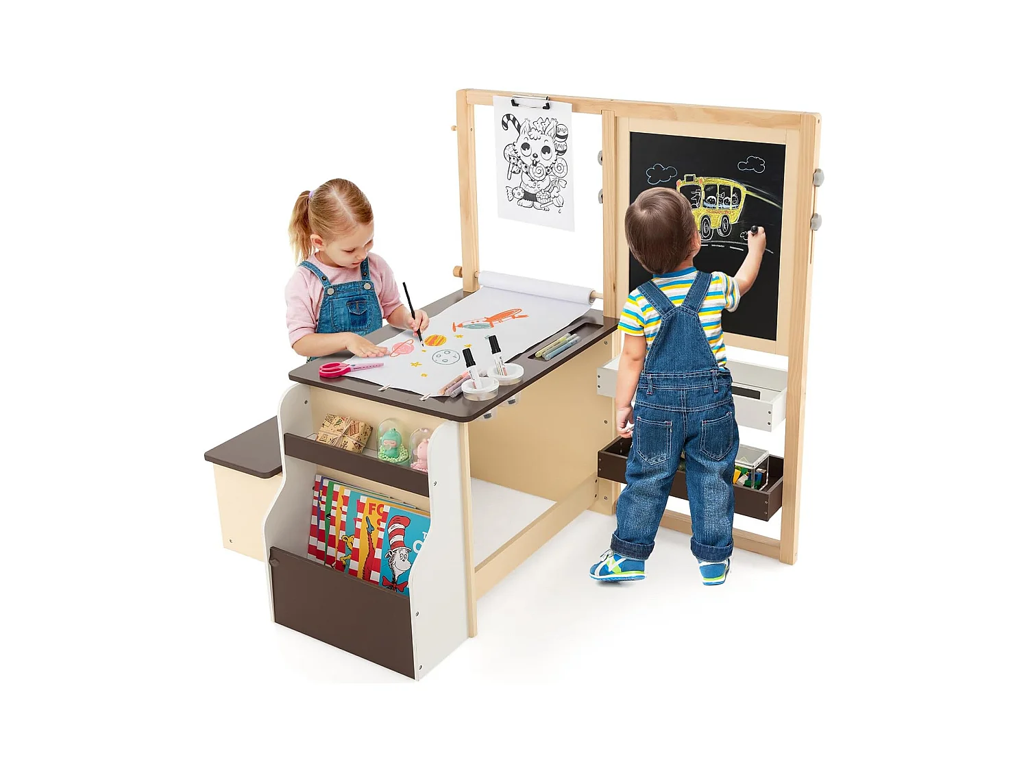 2 en 1 Bureau Enfants en Bois avec Banc & Etagères, Tableau Enfant Double Face Réglable avec Rouleau de Papier & 5 Craies, Table à Dessin Enfants de 3 Ans+, Charge 50kg (Café)