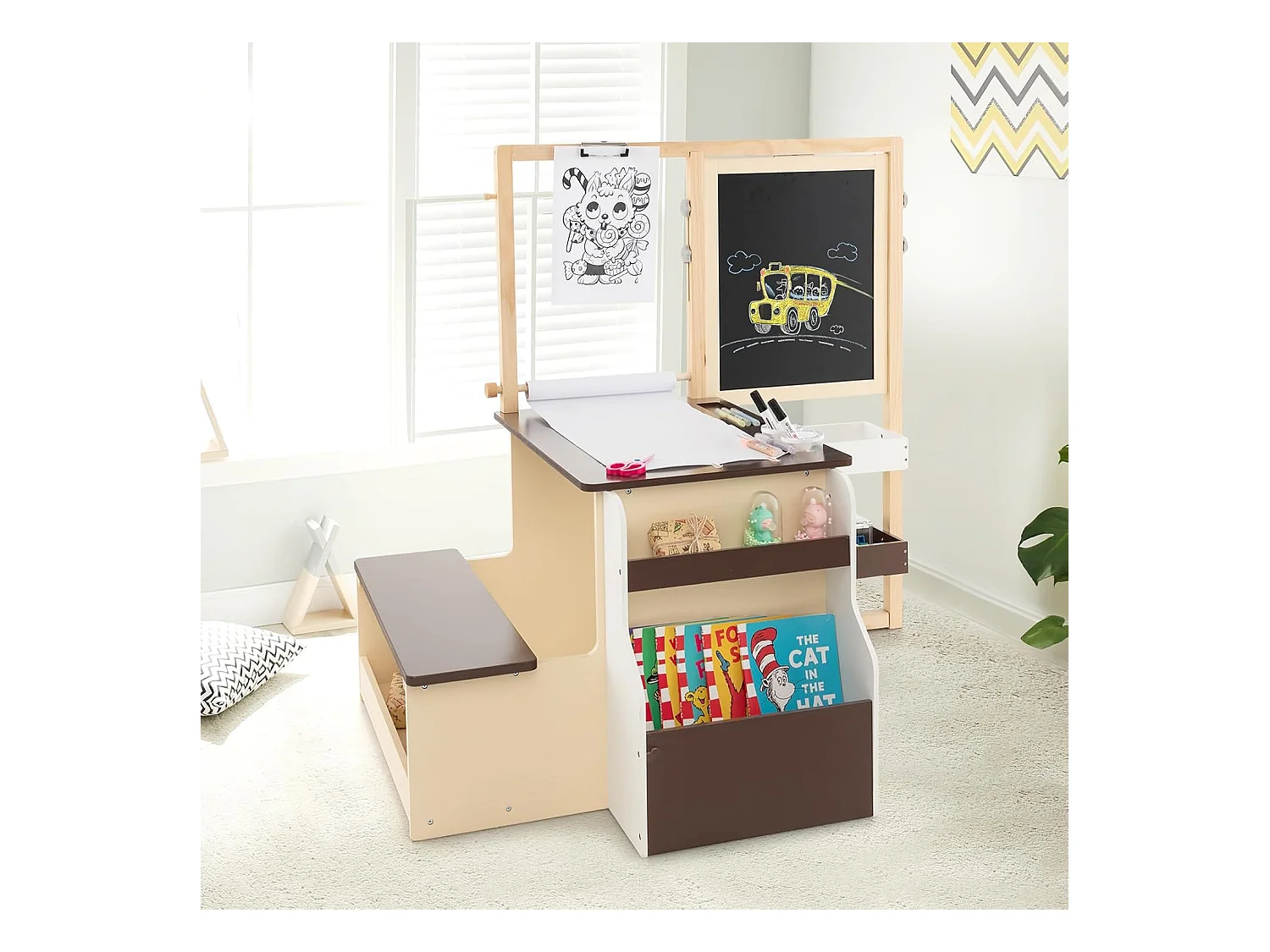 2 en 1 Bureau Enfants en Bois avec Banc & Etagères, Tableau Enfant Double Face Réglable avec Rouleau de Papier & 5 Craies, Table à Dessin Enfants de 3 Ans+, Charge 50kg (Café)