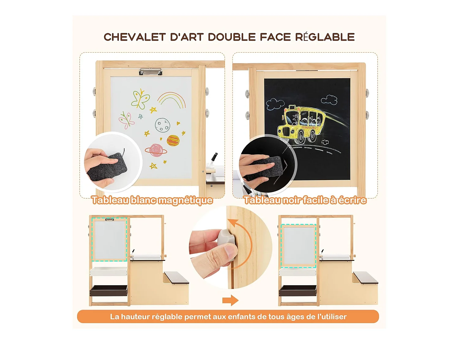 2 en 1 Bureau Enfants en Bois avec Banc & Etagères, Tableau Enfant Double Face Réglable avec Rouleau de Papier & 5 Craies, Table à Dessin Enfants de 3 Ans+, Charge 50kg (Café)