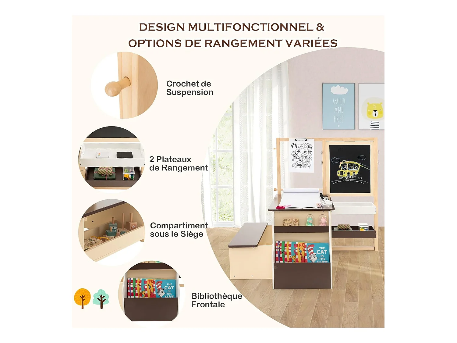 2 en 1 Bureau Enfants en Bois avec Banc & Etagères, Tableau Enfant Double Face Réglable avec Rouleau de Papier & 5 Craies, Table à Dessin Enfants de 3 Ans+, Charge 50kg (Café)