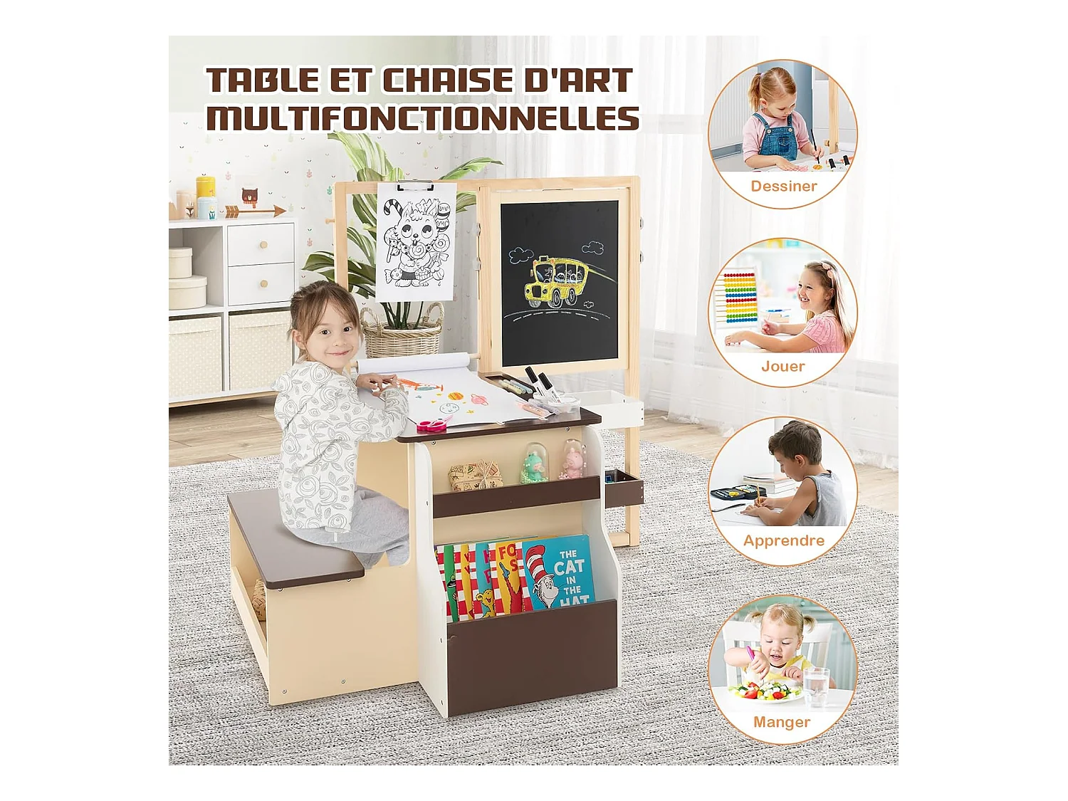 2 en 1 Bureau Enfants en Bois avec Banc & Etagères, Tableau Enfant Double Face Réglable avec Rouleau de Papier & 5 Craies, Table à Dessin Enfants de 3 Ans+, Charge 50kg (Café)