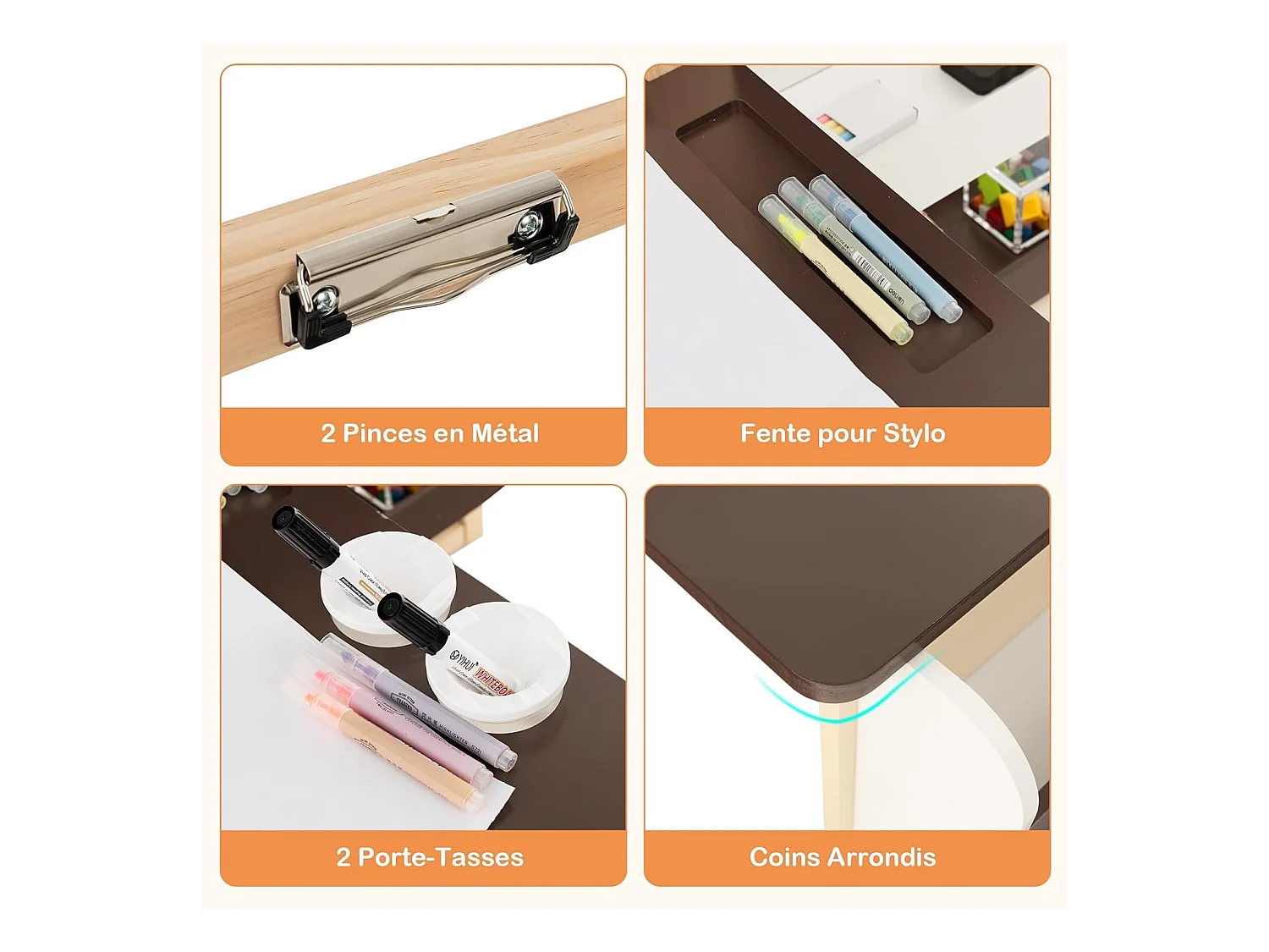 2 en 1 Bureau Enfants en Bois avec Banc & Etagères, Tableau Enfant Double Face Réglable avec Rouleau de Papier & 5 Craies, Table à Dessin Enfants de 3 Ans+, Charge 50kg (Café)
