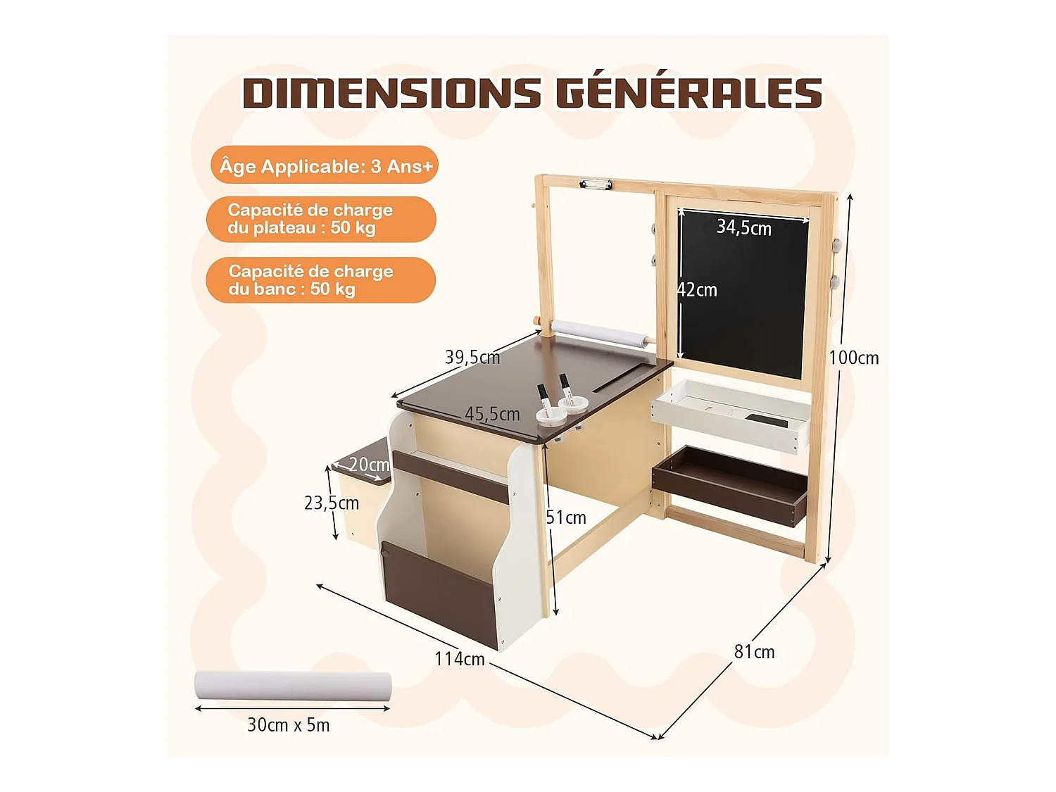 2 en 1 Bureau Enfants en Bois avec Banc & Etagères, Tableau Enfant Double Face Réglable avec Rouleau de Papier & 5 Craies, Table à Dessin Enfants de 3 Ans+, Charge 50kg (Café)