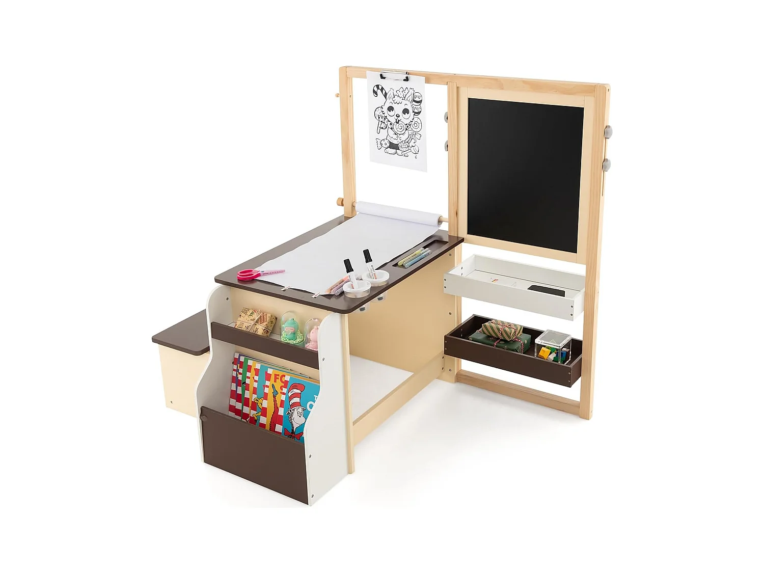 2 en 1 Bureau Enfants en Bois avec Banc & Etagères, Tableau Enfant Double Face Réglable avec Rouleau de Papier & 5 Craies, Table à Dessin Enfants de 3 Ans+, Charge 50kg (Café)