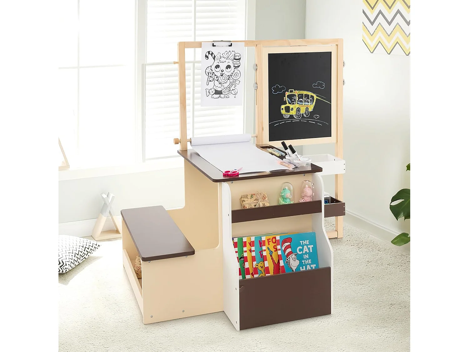 2 en 1 Bureau Enfants en Bois avec Banc & Etagères, Tableau Enfant Double Face Réglable avec Rouleau de Papier & 5 Craies, Table à Dessin Enfants de 3 Ans+, Charge 50kg (Café)