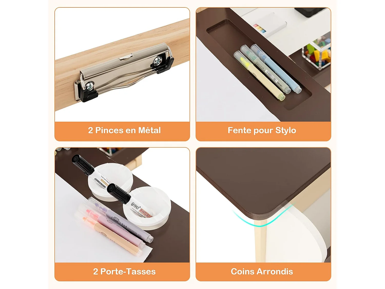 2 en 1 Bureau Enfants en Bois avec Banc & Etagères, Tableau Enfant Double Face Réglable avec Rouleau de Papier & 5 Craies, Table à Dessin Enfants de 3 Ans+, Charge 50kg (Café)