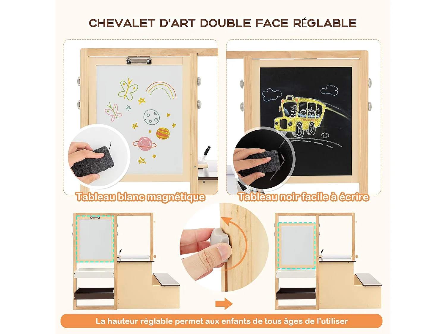 2 en 1 Bureau Enfants en Bois avec Banc & Etagères, Tableau Enfant Double Face Réglable avec Rouleau de Papier & 5 Craies, Table à Dessin Enfants de 3 Ans+, Charge 50kg (Café)