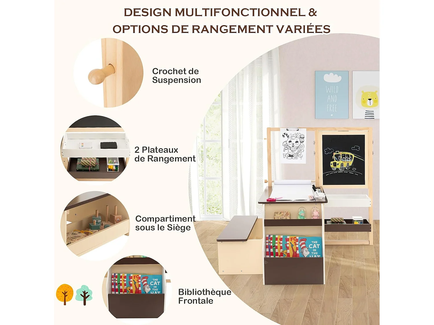 2 en 1 Bureau Enfants en Bois avec Banc & Etagères, Tableau Enfant Double Face Réglable avec Rouleau de Papier & 5 Craies, Table à Dessin Enfants de 3 Ans+, Charge 50kg (Café)