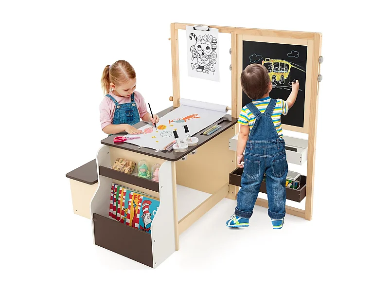 2 en 1 Bureau Enfants en Bois avec Banc & Etagères, Tableau Enfant Double Face Réglable avec Rouleau de Papier & 5 Craies, Table à Dessin Enfants de 3 Ans+, Charge 50kg (Café)