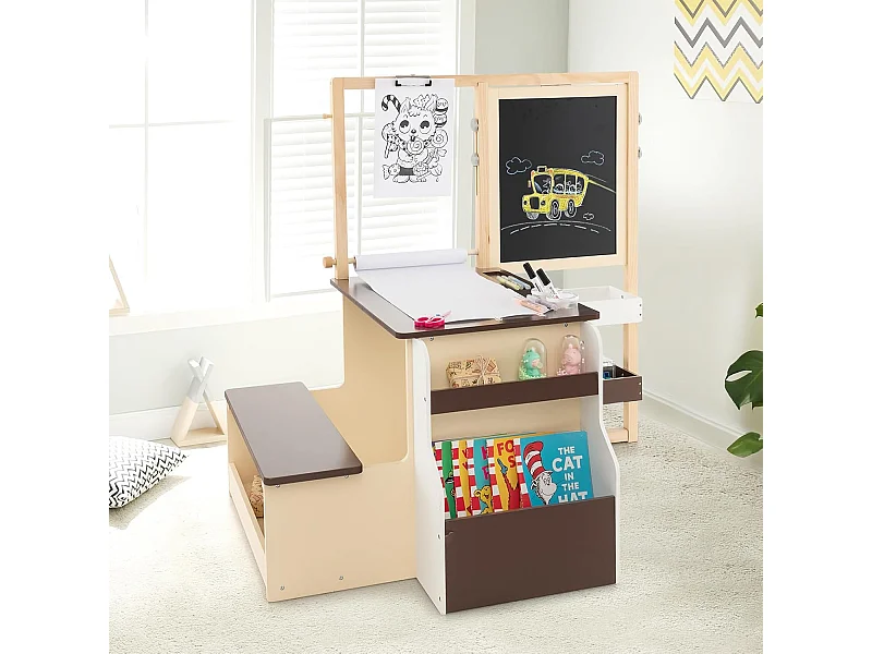 2 en 1 Bureau Enfants en Bois avec Banc & Etagères, Tableau Enfant Double Face Réglable avec Rouleau de Papier & 5 Craies, Table à Dessin Enfants de 3 Ans+, Charge 50kg (Café)