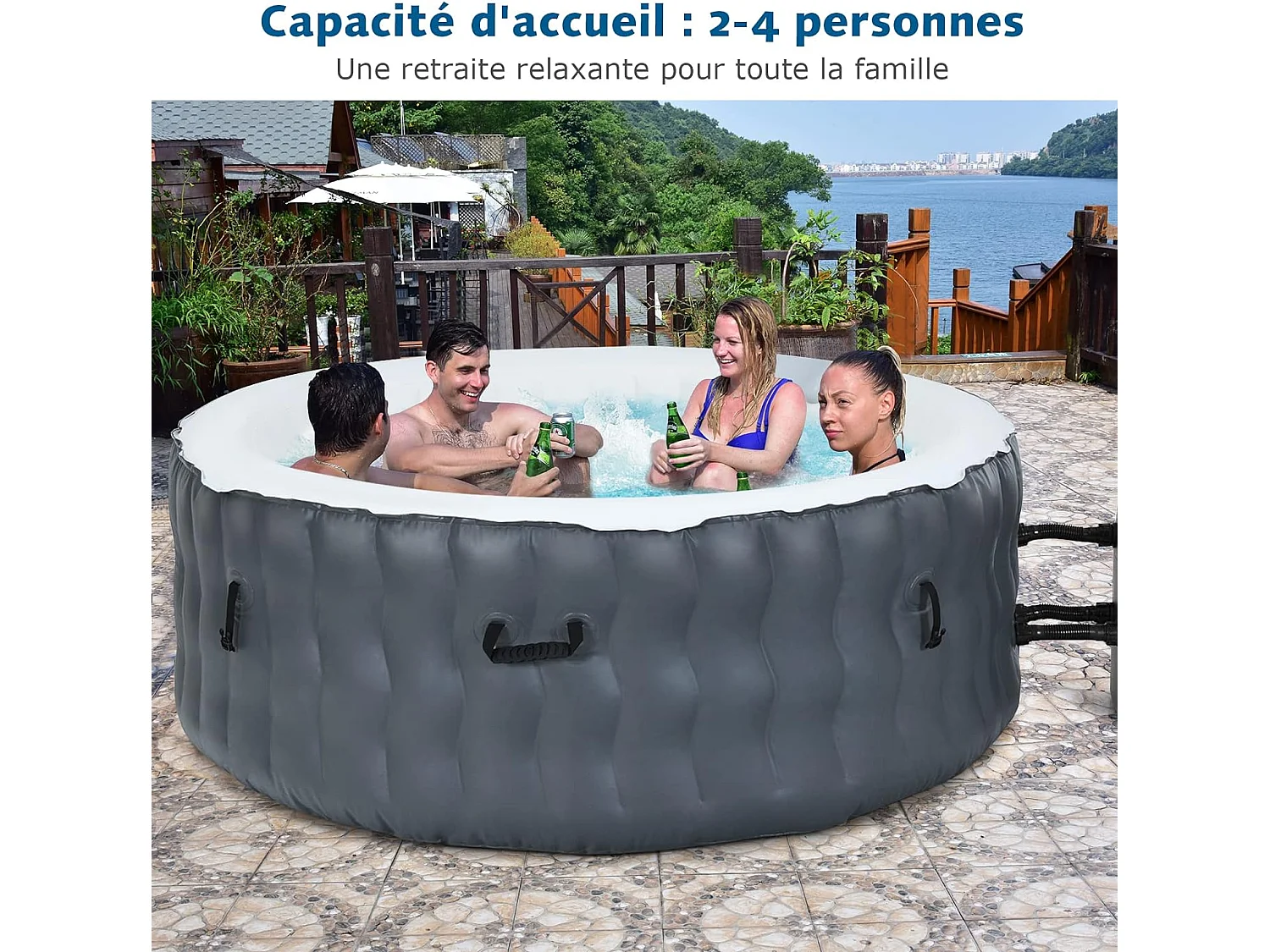 Opblaasbare spa met 108 massagejets, 180 x 68 cm, draagbare ronde spa voor 4 personen voor binnen/buiten, patroonfiltratie en beschermende spa-afdekking, grijs (zonder hoofdsteun en bekerhouder)