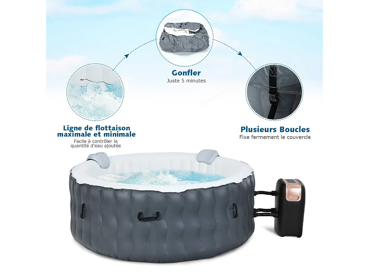 Opblaasbare spa met 108 massagejets, 180 x 68 cm, draagbare ronde spa voor 4 personen voor binnen/buiten, patroonfiltratie en beschermende spa-afdekking, grijs (zonder hoofdsteun en bekerhouder)