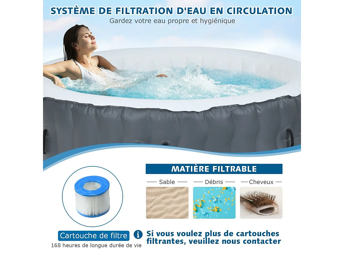 Opblaasbare spa met 108 massagejets, 180 x 68 cm, draagbare ronde spa voor 4 personen voor binnen/buiten, patroonfiltratie en beschermende spa-afdekking, grijs (zonder hoofdsteun en bekerhouder)