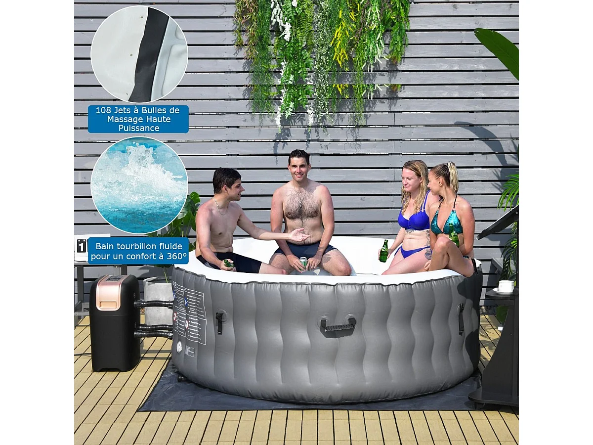 Opblaasbare spa met 108 massagejets, 180 x 68 cm, draagbare ronde spa voor 4 personen voor binnen/buiten, patroonfiltratie en beschermende spa-afdekking, grijs (zonder hoofdsteun en bekerhouder)