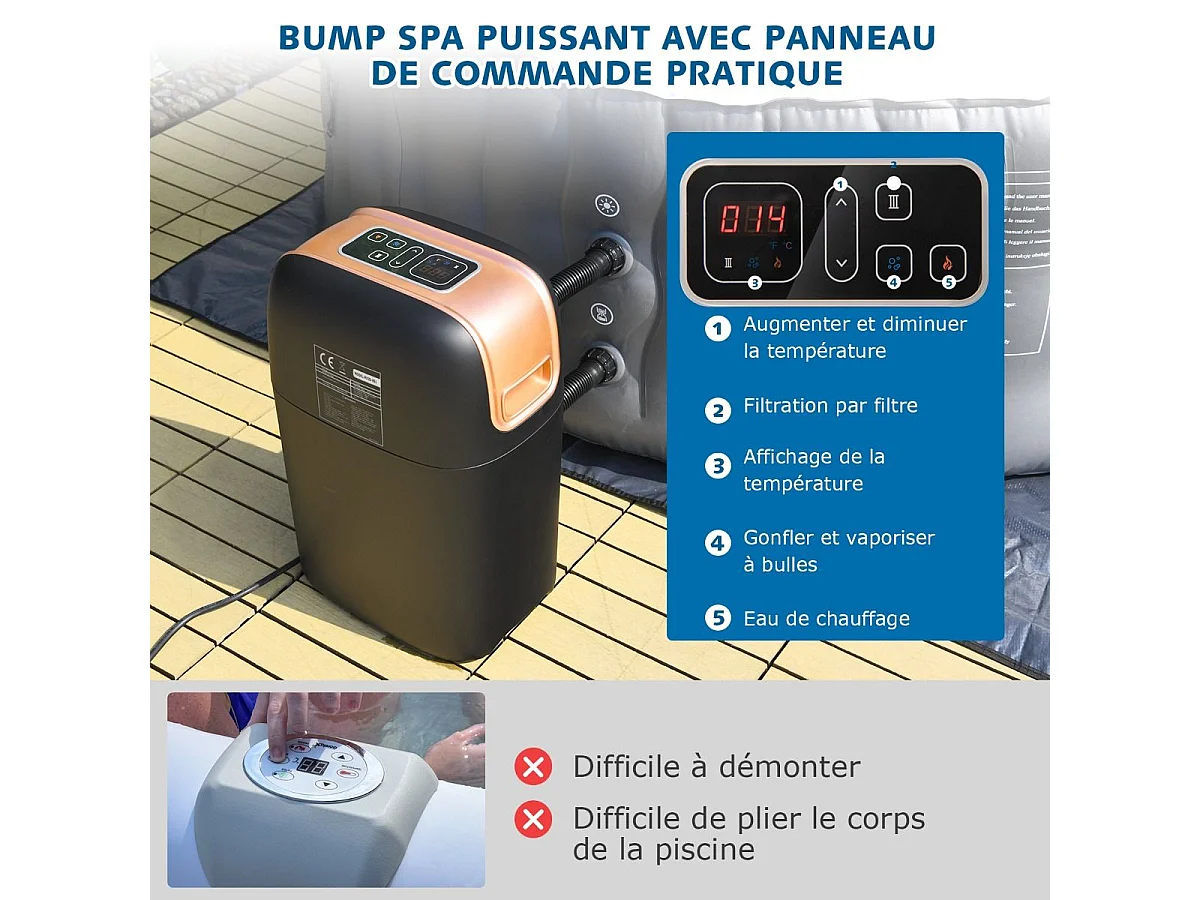 Spa Gonflable avec 108 Jets de Massage, 180 x 68 CM, Spa Rond Portable à 4 Personnes pour Intérieur/Extérieur, Filtration à Cartouche et Bâche de Protection pour Le Spa, Gris (sans Appui-tête et Porte-gobelet)