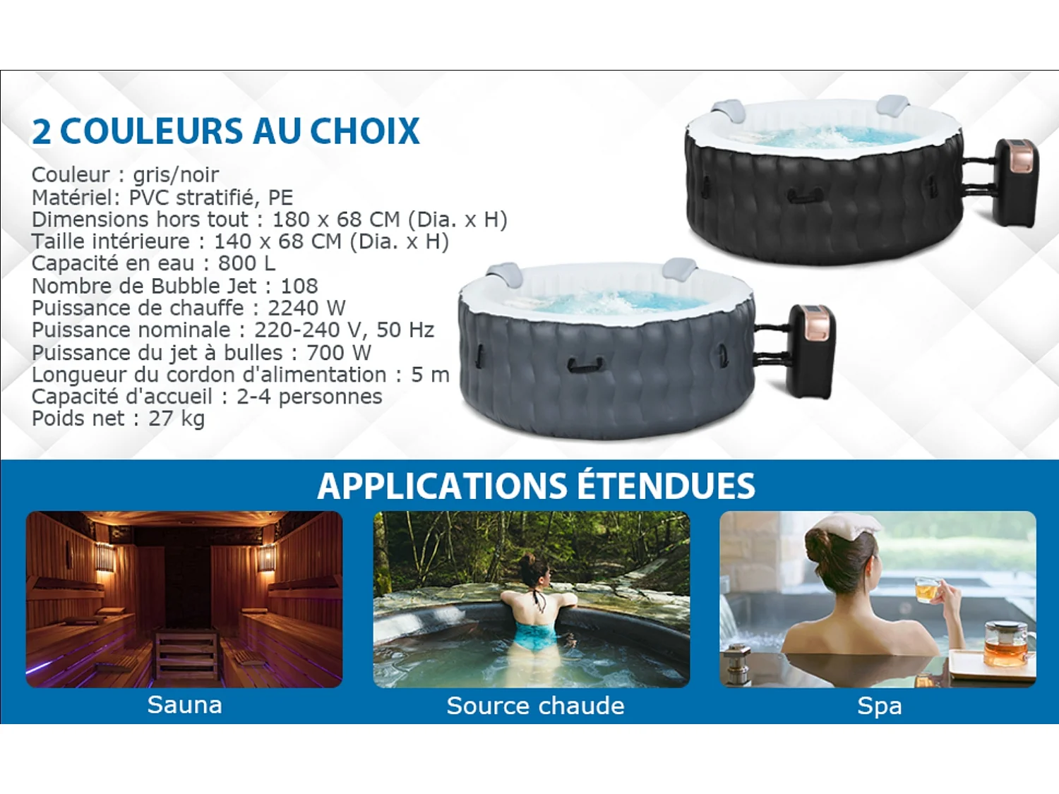 Spa Gonflable avec 108 Jets de Massage, 180 x 68 CM, Spa Rond Portable à 4 Personnes pour Intérieur/Extérieur, Filtration à Cartouche et Bâche de Protection pour Le Spa, Gris (sans Appui-tête et Porte-gobelet)