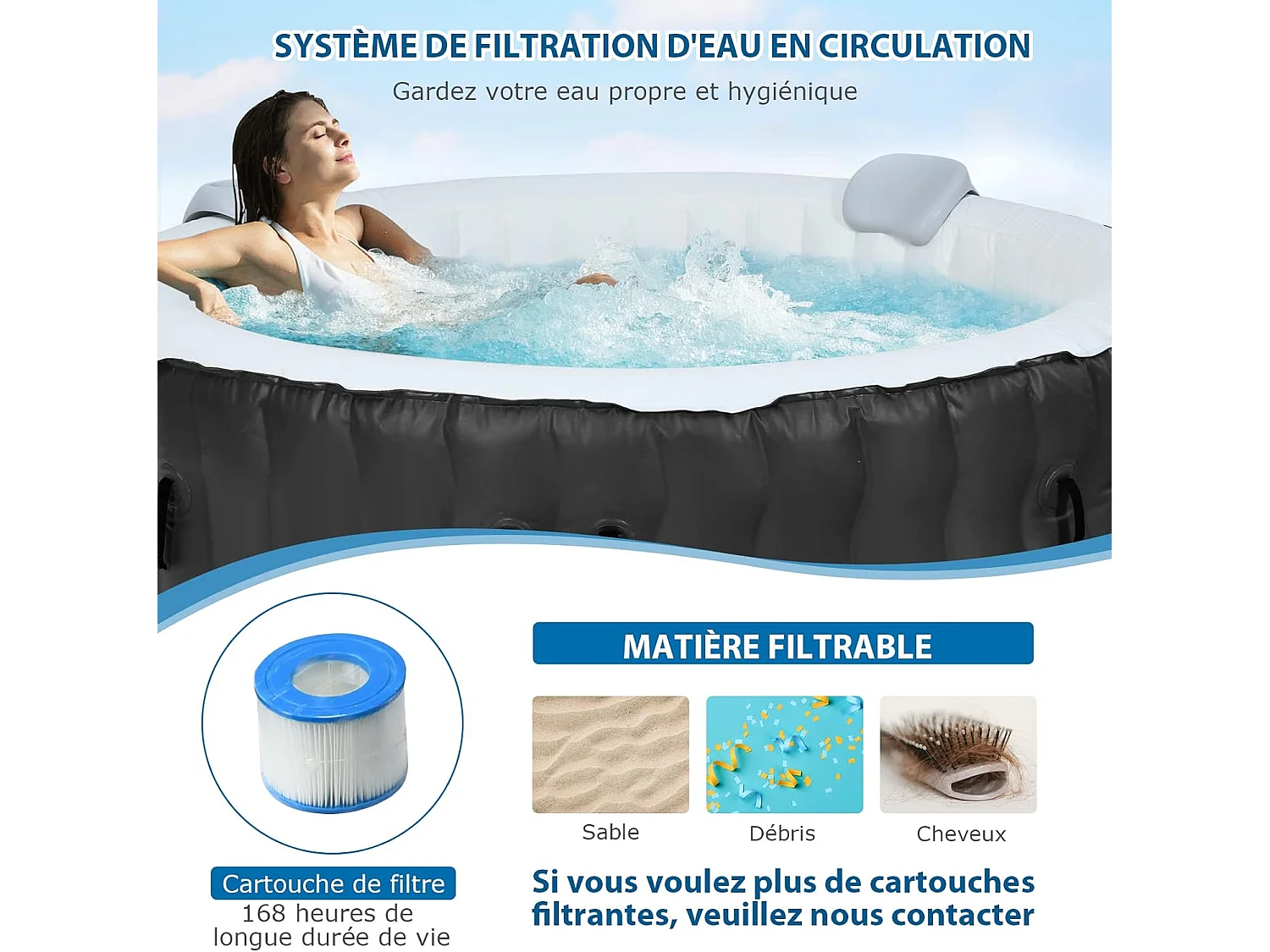 Spa Gonflable, 2 à 4 Personnes, 180 x 68 CM, Spa Rond Portable avec 108 Jets de Massage, Filtration à Cartouche et Bâche de Protection pour Le Spa, Noir (avec Appui-tête et Porte-gobelet)