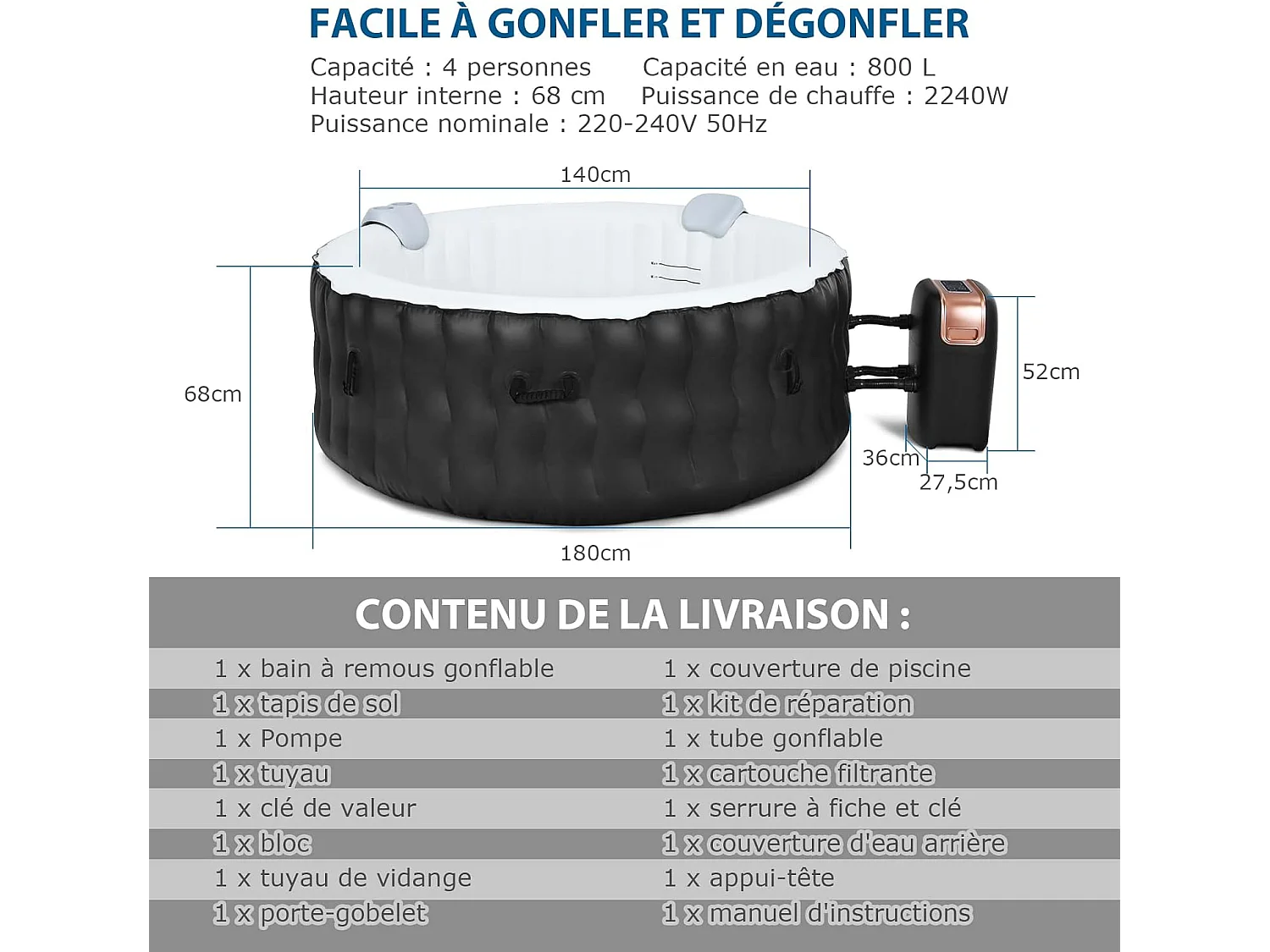 Spa Gonflable, 2 à 4 Personnes, 180 x 68 CM, Spa Rond Portable avec 108 Jets de Massage, Filtration à Cartouche et Bâche de Protection pour Le Spa, Noir (avec Appui-tête et Porte-gobelet)