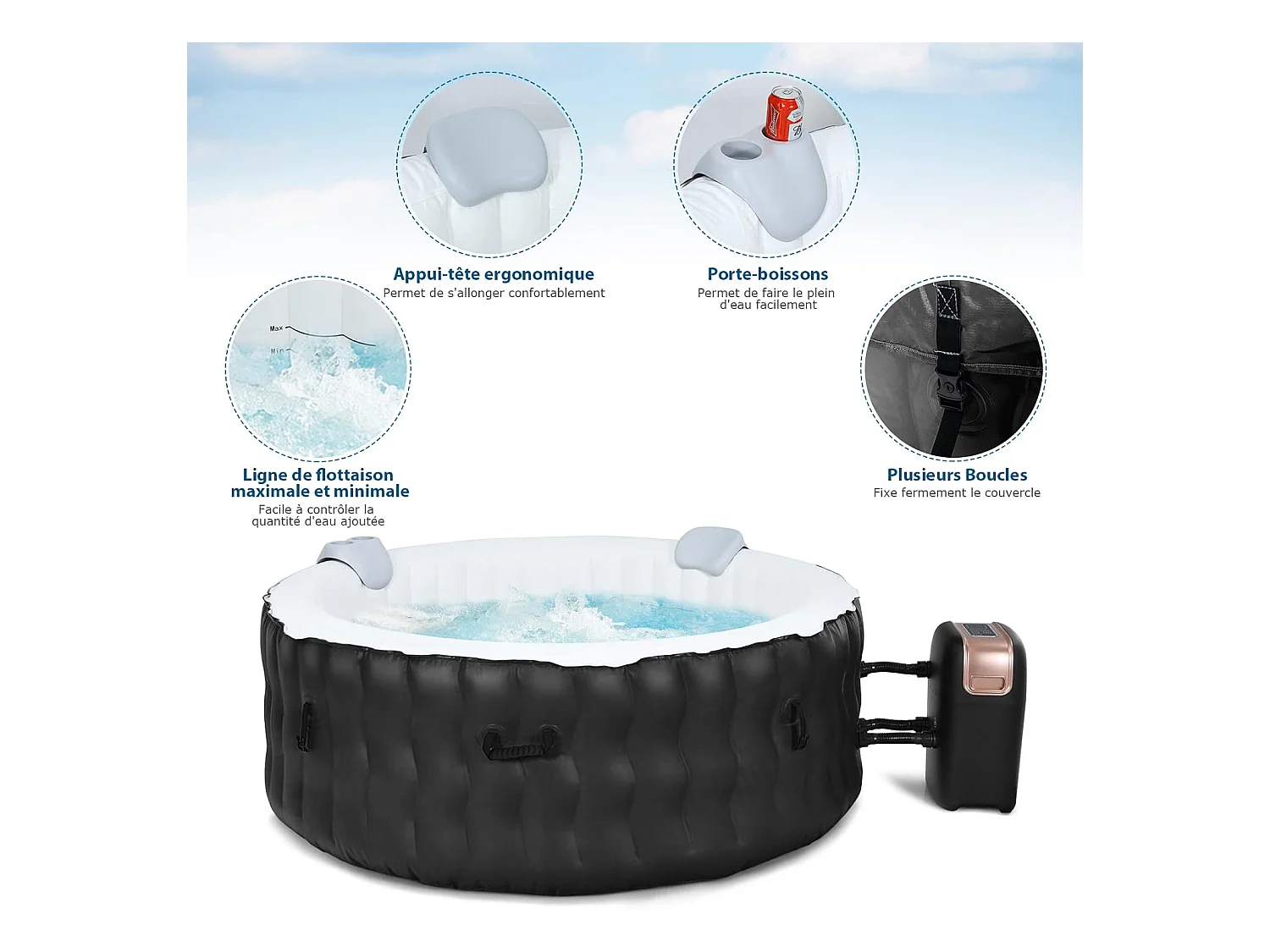 Opblaasbare spa, 2 tot 4 personen, 180 x 68 cm, draagbare ronde spa met 108 massagejets, patroonfiltratie en beschermende spa-afdekking, zwart (met hoofdsteun en bekerhouder)