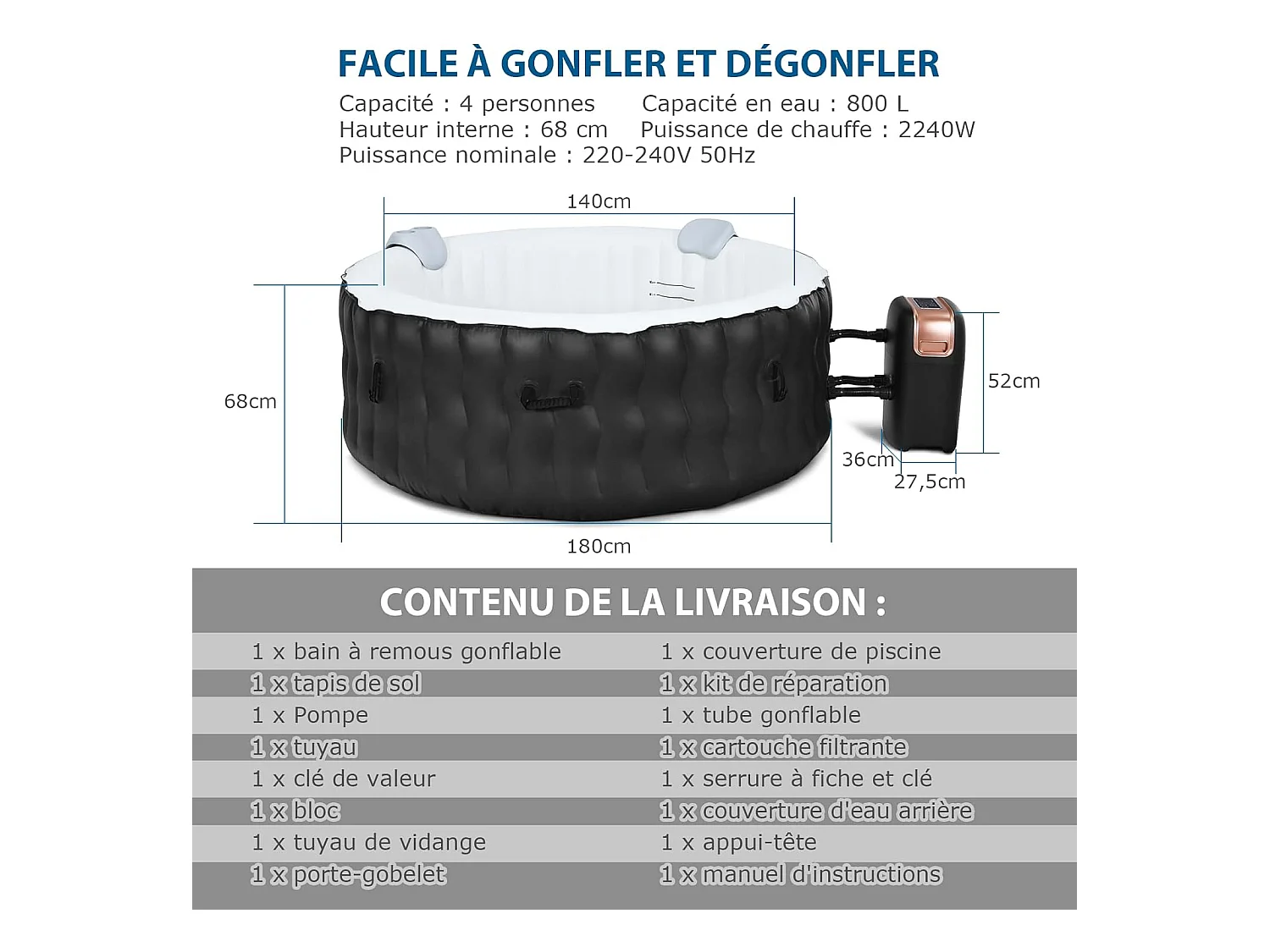 Opblaasbare spa, 2 tot 4 personen, 180 x 68 cm, draagbare ronde spa met 108 massagejets, patroonfiltratie en beschermende spa-afdekking, zwart (met hoofdsteun en bekerhouder)