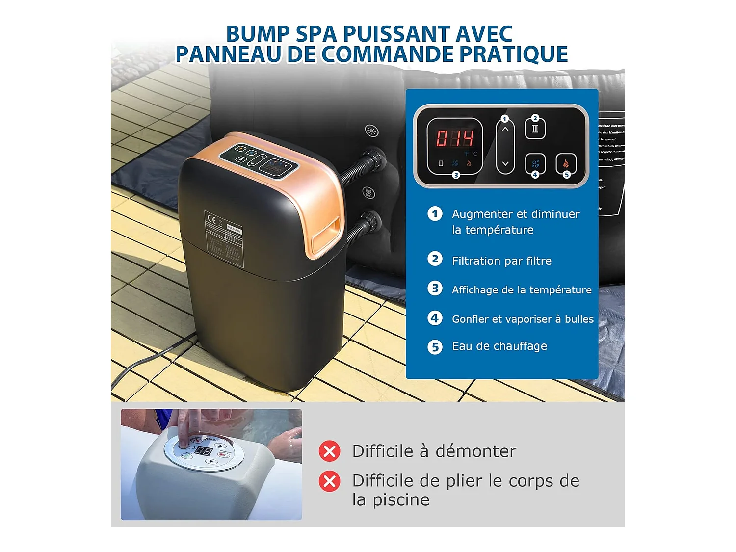 Opblaasbare spa, 2 tot 4 personen, 180 x 68 cm, draagbare ronde spa met 108 massagejets, patroonfiltratie en beschermende spa-afdekking, zwart (met hoofdsteun en bekerhouder)
