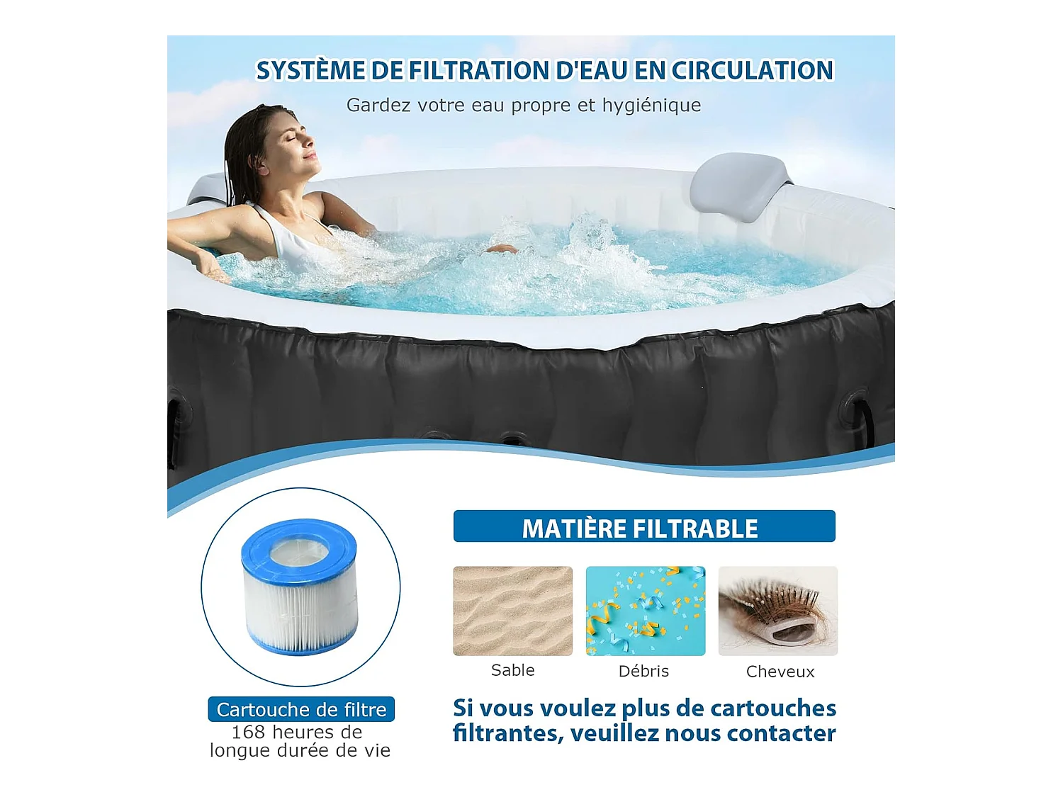 Opblaasbare spa, 2 tot 4 personen, 180 x 68 cm, draagbare ronde spa met 108 massagejets, patroonfiltratie en beschermende spa-afdekking, zwart (met hoofdsteun en bekerhouder)