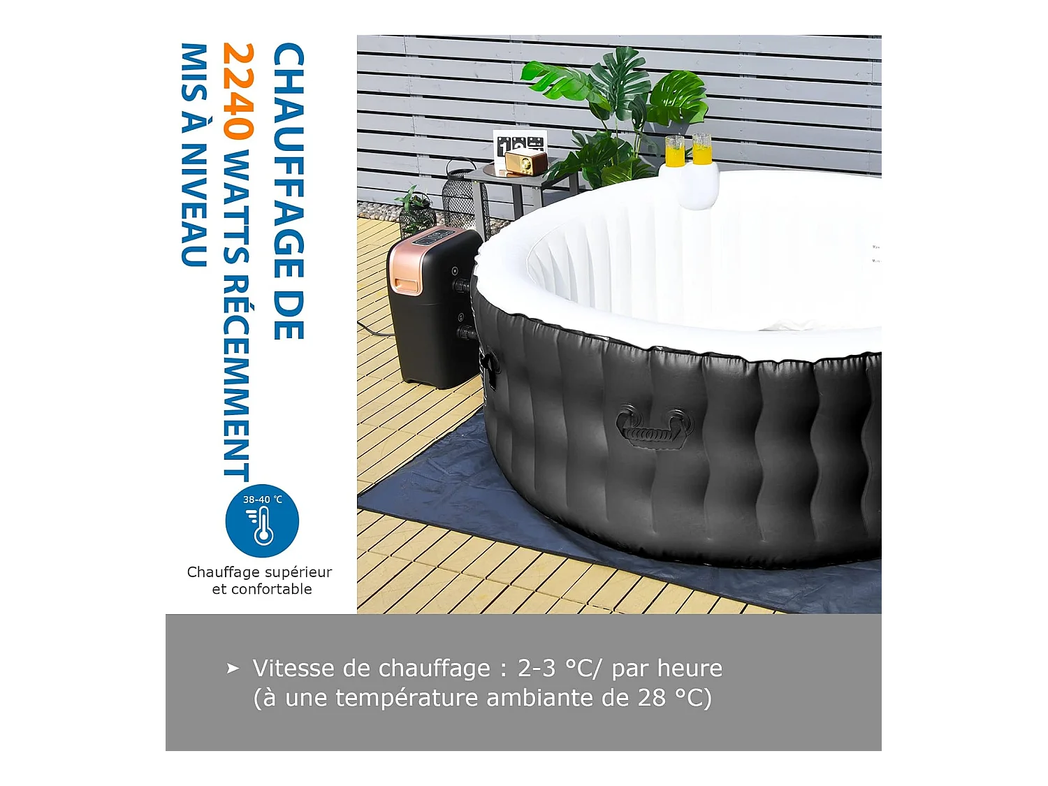 Opblaasbare spa, 2 tot 4 personen, 180 x 68 cm, draagbare ronde spa met 108 massagejets, patroonfiltratie en beschermende spa-afdekking, zwart (met hoofdsteun en bekerhouder)
