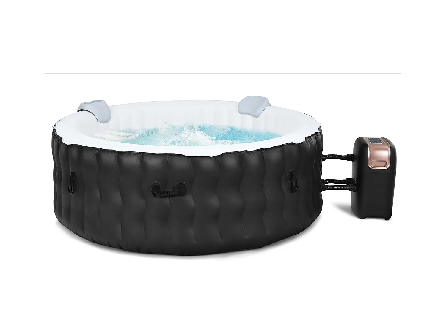 Opblaasbare spa, 2 tot 4 personen, 180 x 68 cm, draagbare ronde spa met 108 massagejets, patroonfiltratie en beschermende spa-afdekking, zwart (met hoofdsteun en bekerhouder)