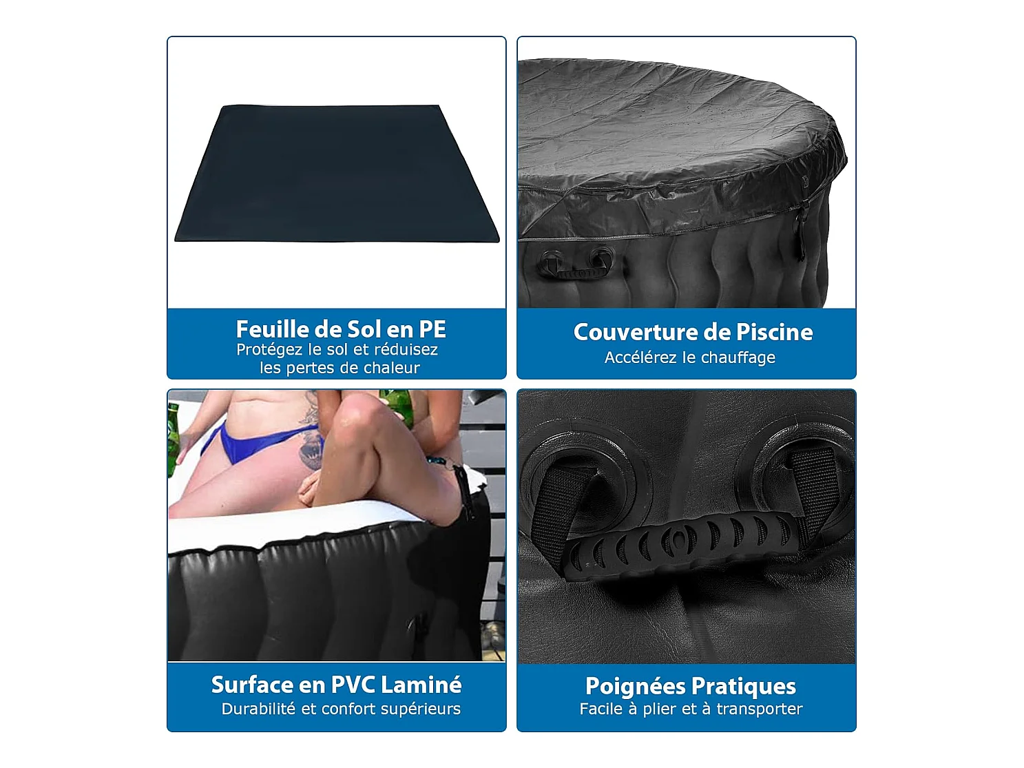 Opblaasbare spa, 2 tot 4 personen, 180 x 68 cm, draagbare ronde spa met 108 massagejets, patroonfiltratie en beschermende spa-afdekking, zwart (met hoofdsteun en bekerhouder)