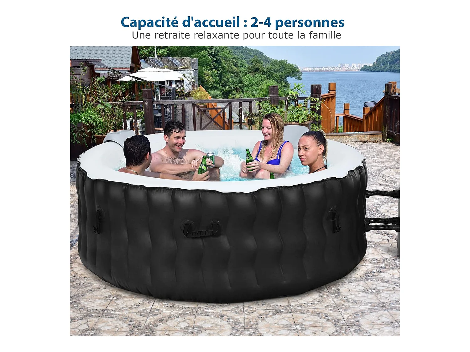 Opblaasbare spa, 2 tot 4 personen, 180 x 68 cm, draagbare ronde spa met 108 massagejets, patroonfiltratie en beschermende spa-afdekking, zwart (met hoofdsteun en bekerhouder)