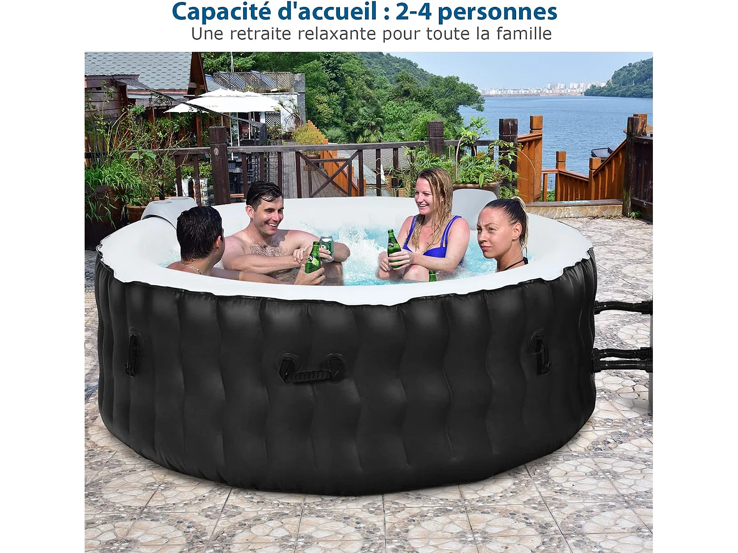 Spa Gonflable, 2 à 4 Personnes, 180 x 68 CM, Spa Rond Portable avec 108 Jets de Massage, Filtration à Cartouche et Bâche de Protection pour Le Spa, Noir (avec Appui-tête et Porte-gobelet)