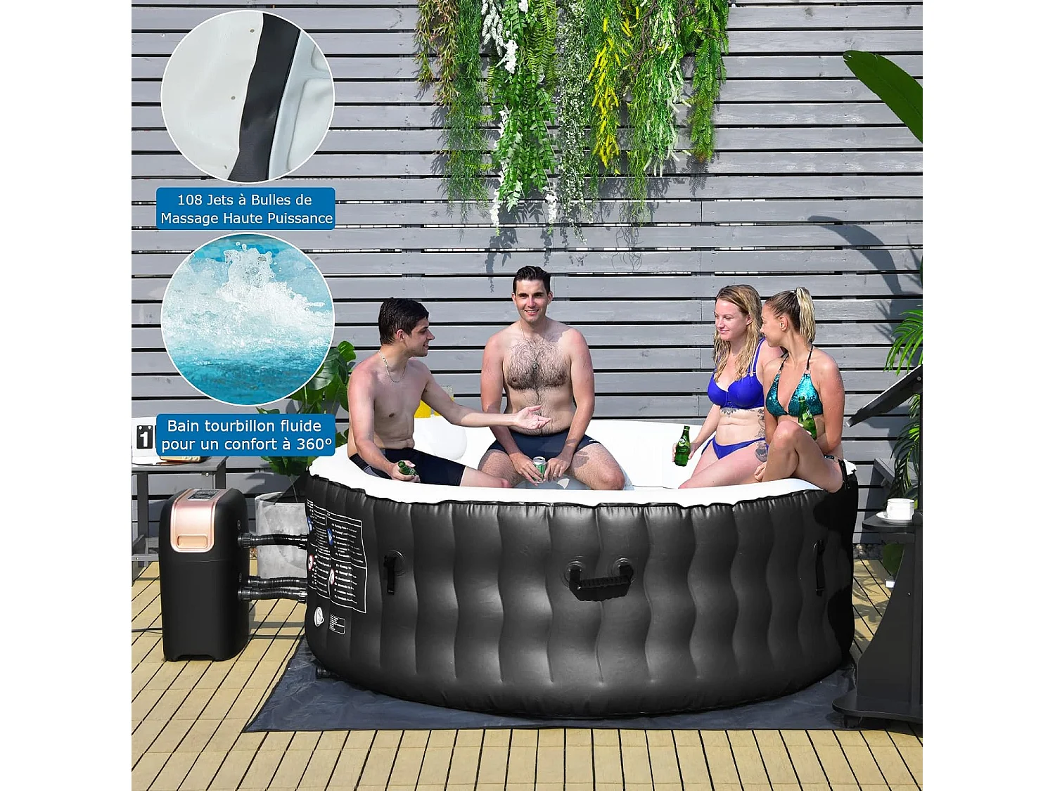 Spa Gonflable, 2 à 4 Personnes, 180 x 68 CM, Spa Rond Portable avec 108 Jets de Massage, Filtration à Cartouche et Bâche de Protection pour Le Spa, Noir (avec Appui-tête et Porte-gobelet)