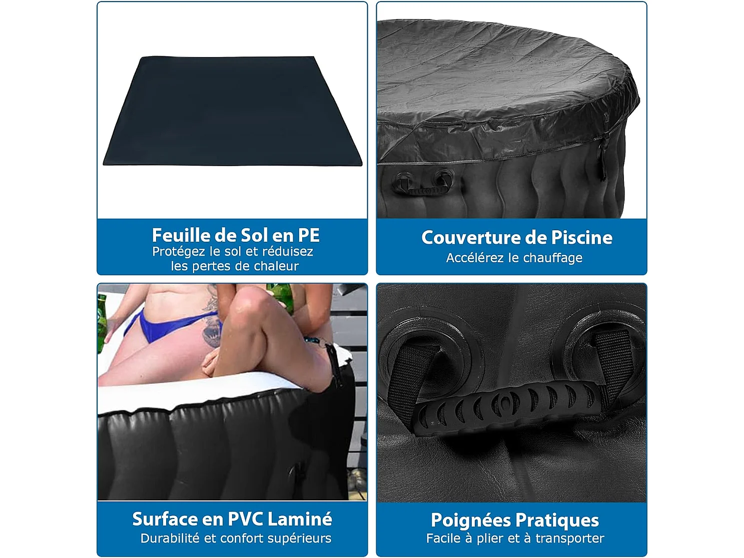 Spa Gonflable, 2 à 4 Personnes, 180 x 68 CM, Spa Rond Portable avec 108 Jets de Massage, Filtration à Cartouche et Bâche de Protection pour Le Spa, Noir (avec Appui-tête et Porte-gobelet)