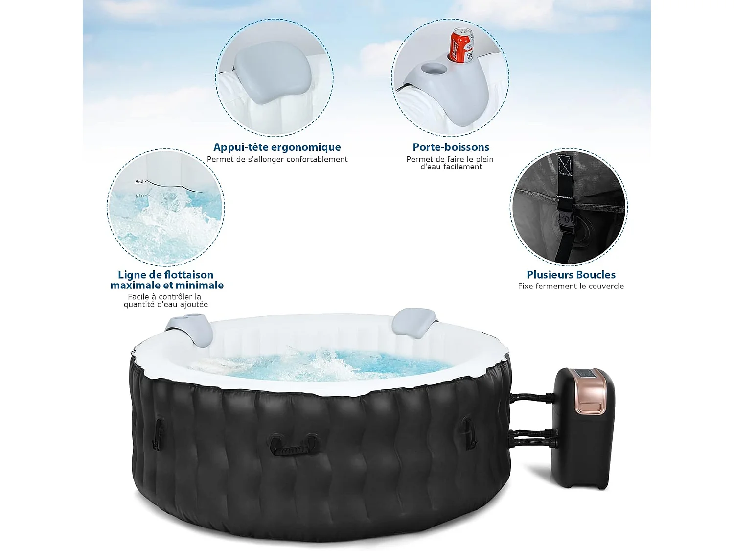 Spa Gonflable, 2 à 4 Personnes, 180 x 68 CM, Spa Rond Portable avec 108 Jets de Massage, Filtration à Cartouche et Bâche de Protection pour Le Spa, Noir (avec Appui-tête et Porte-gobelet)