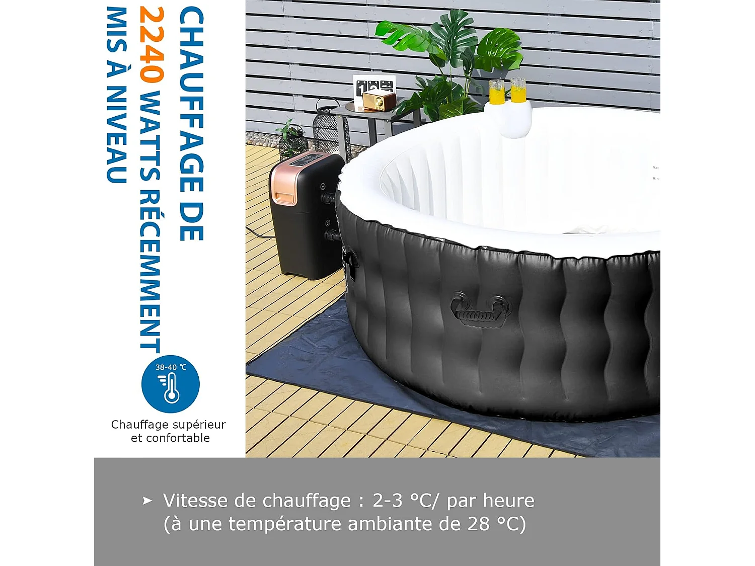Spa Gonflable, 2 à 4 Personnes, 180 x 68 CM, Spa Rond Portable avec 108 Jets de Massage, Filtration à Cartouche et Bâche de Protection pour Le Spa, Noir (avec Appui-tête et Porte-gobelet)