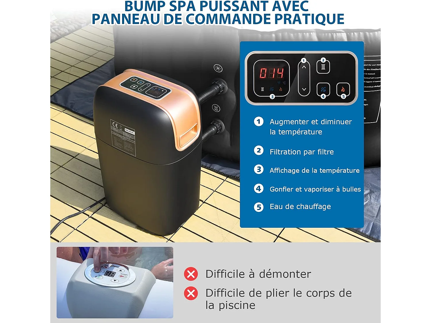 Spa Gonflable, 2 à 4 Personnes, 180 x 68 CM, Spa Rond Portable avec 108 Jets de Massage, Filtration à Cartouche et Bâche de Protection pour Le Spa, Noir (avec Appui-tête et Porte-gobelet)