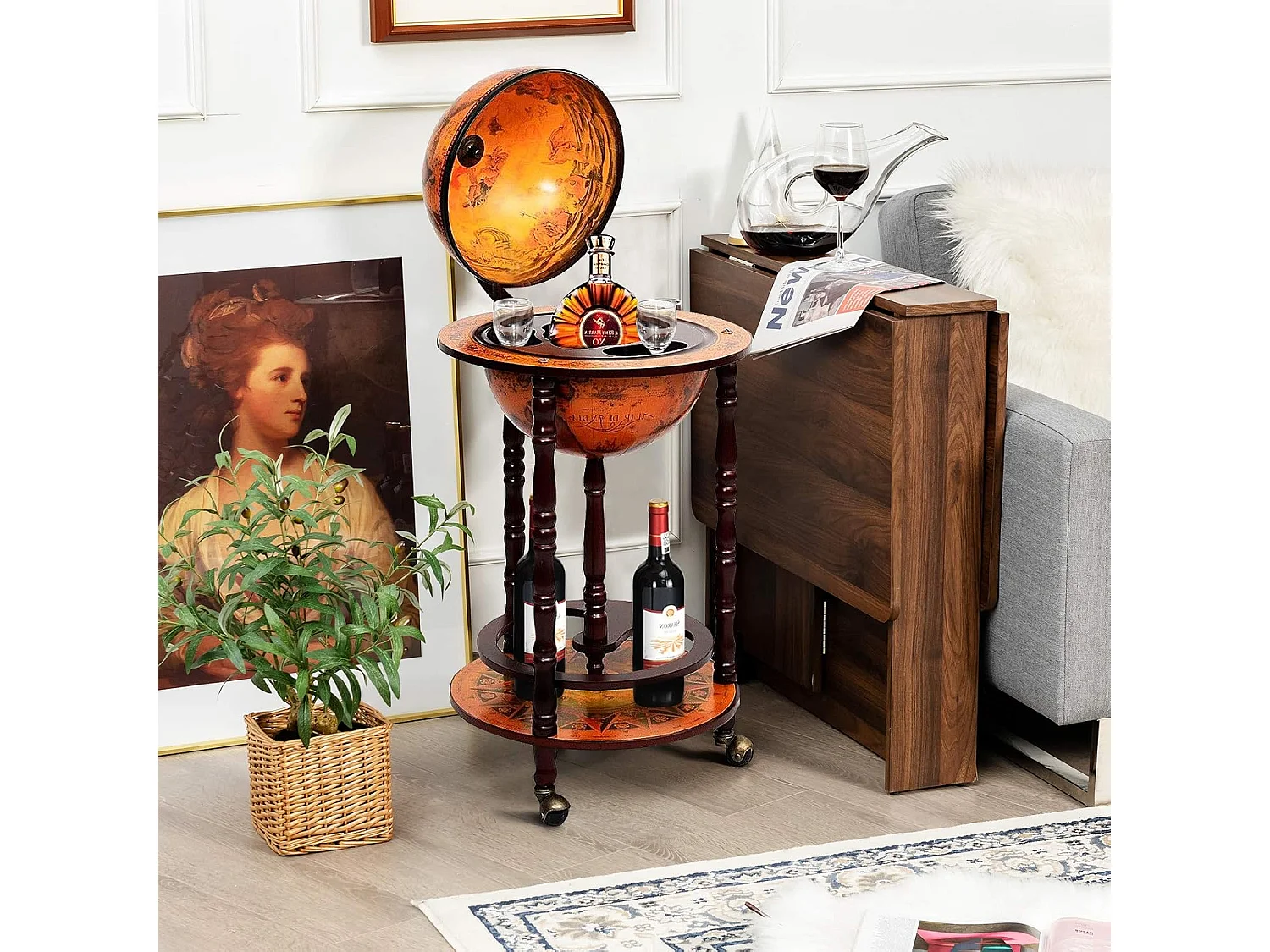 Vintage Globe Bar, eucalyptus houten wereldkaart, 16e-eeuwse flessenhouder, rustieke decoratie toevoegen aan uw huis