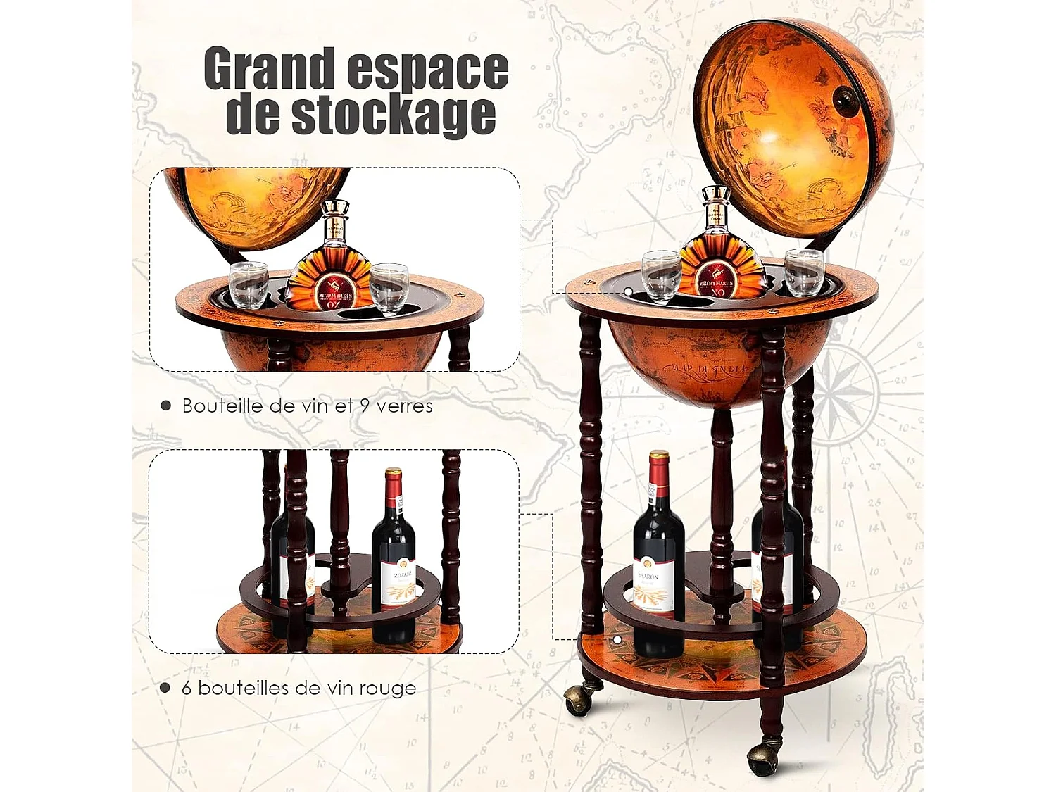 Vintage Globe Bar, eucalyptus houten wereldkaart, 16e-eeuwse flessenhouder, rustieke decoratie toevoegen aan uw huis