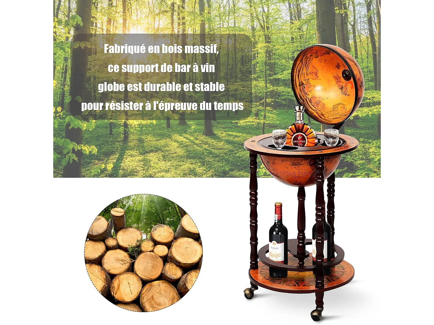 Vintage Globe Bar, eucalyptus houten wereldkaart, 16e-eeuwse flessenhouder, rustieke decoratie toevoegen aan uw huis